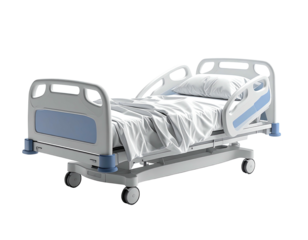 A hospital bed, clean and white, with a pillow and a sheet, isolated