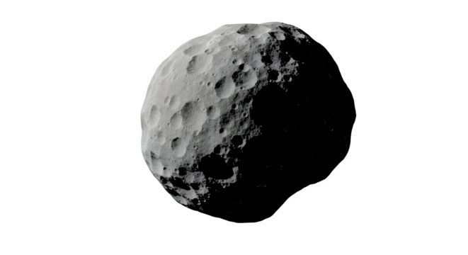 Gray rough sphere has cratered surface with shadows in black space for background, wallpaper, design, presentation and wallpaper.