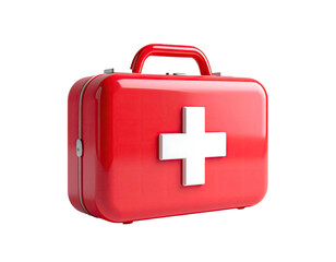 A bright red first-aid kit with a white cross on the front and a handle