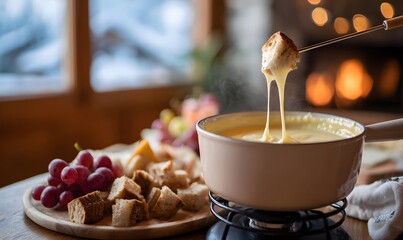 Cozy alpine chalet at sunset. On a hefty wooden table sits a matte cast-iron fondue pot on a small burner stand.