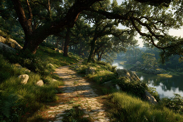 Obraz premium Scenic Pathway Under Lush Tree by Lake