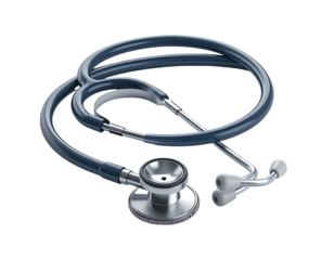 A close-up of a dark blue stethoscope on a black background