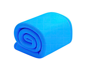 Rolled blue fabric, textured with quilted squares, on a black background