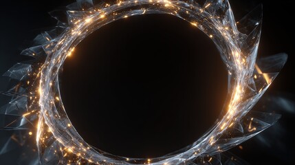 A glowing circular portal of crystalline shapes with golden sparks against a stark, black backdrop