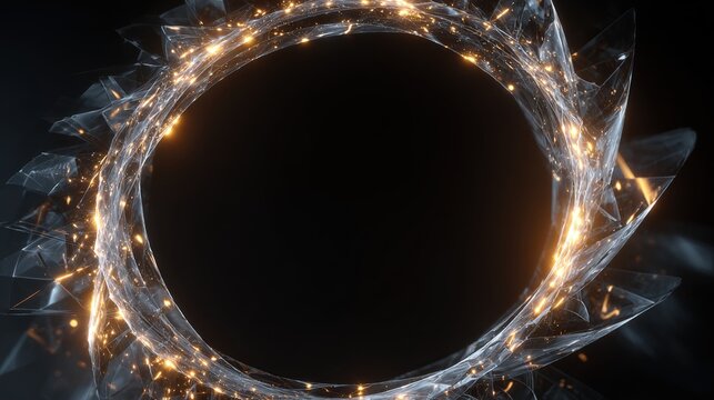 A glowing circular portal of crystalline shapes with golden sparks against a stark, black backdrop - Powered by Adobe