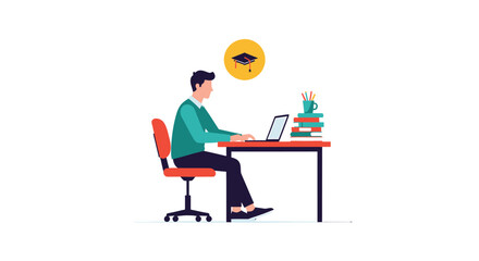 Fototapeta premium E-learning and Online Education, Man Studying on Laptop with Graduation Cap Icon.