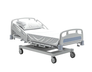 Modern, adjustable hospital bed with pristine white linens. Isolated on black