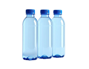 Three transparent plastic water bottles with blue caps on a black background