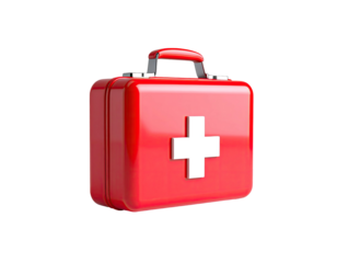 A shiny, red first-aid kit with a white cross, sitting against a black background