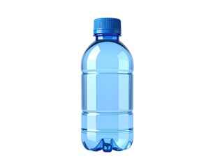 Isolated clear water bottle, filled with liquid, blue cap, on black background