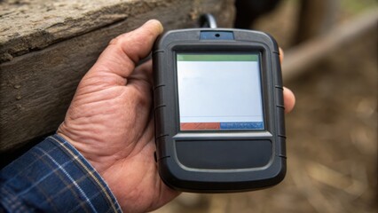 sustainable ranching america Hand holding a rugged device with a blank screen, set against a natural background.