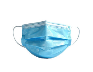 A single blue disposable face mask with ear loops against a black background