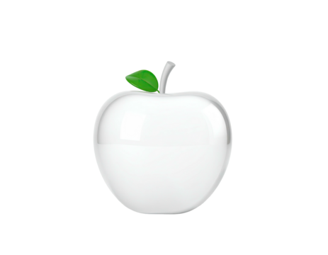 Shiny, white apple with a green leaf and stem, isolated on black