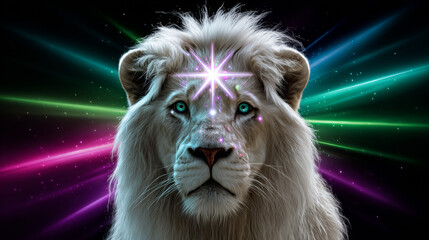 Majestic White Lion With Glowing Third Eye Symbol and Cosmic Aura in Vibrant Galactic Background