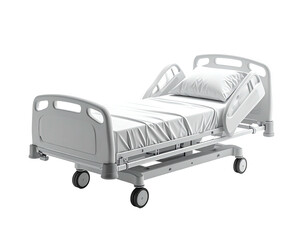 A hospital bed with adjustable head and foot sections, isolated on black