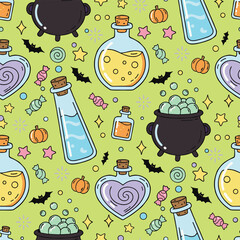 Seamless Halloween potion bottle pattern spooky cute playful textile vector