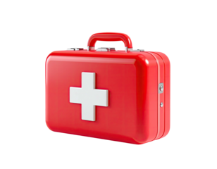 Glossy red medical case with white cross on front, handle at top, isolated on black
