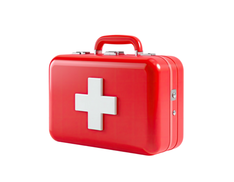 Glossy red medical case with white cross on front, handle at top, isolated on black - Powered by Adobe