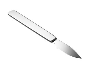 Shiny surgical scalpel with a metal handle and blade against a black backdrop