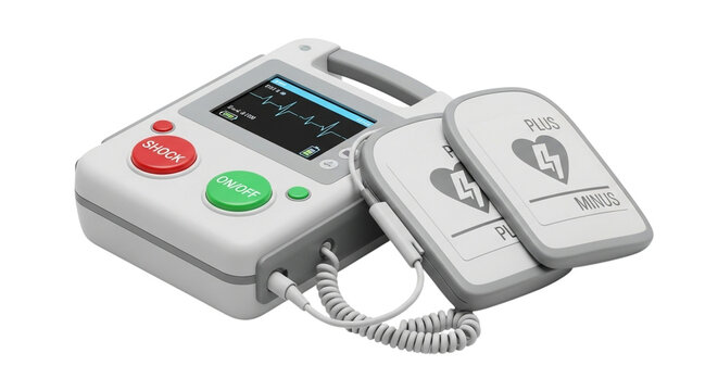 Automated external defibrillator aed medical device for emergency cardiac arrest treatment isolated on transparent background