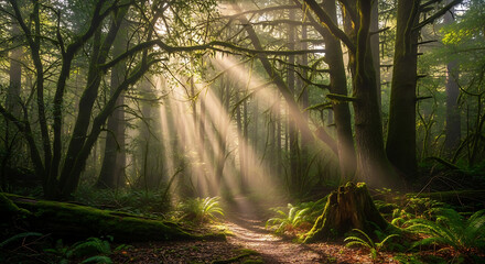 Dense Misty Forest with Soft Golden Morning Glow