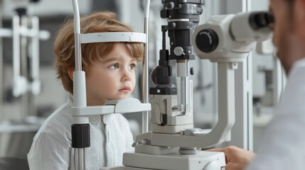 A young boy visiting a doctor for an eye checkup. The doctor examines the child’s eyes with medical equipment in a bright clinic, symbolizing healthcare, vision care, and child wellness.
