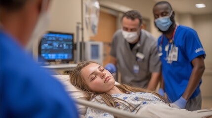Obraz premium Caucasian woman a patient at hospital ward drowsy on bed looking at camera with medical machine around