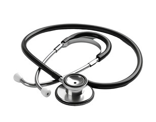 A medical device, a stethoscope, lies curled on a solid black surface