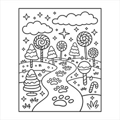 Candy Land Coloring Page Vector with Lollipop Trees and Paw Prints Path, Fantasy Sweet World Coloring Sheet with Candy Canes and Stars, Magical Candy Landscape Vector for Kids Coloring Book.