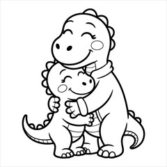 Cute Dinosaur Hug Coloring Page Vector for Kids, Mother and Baby Dinosaur Hugging Cartoon Coloring Illustration, Adorable Dino Family Hug Black and White Coloring Book Page.
