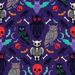 Obraz premium Seamless Halloween owl pattern spooky gothic dark horror vector