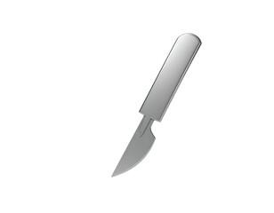 Sleek, metallic surgical blade against a stark black background, sharp edge visible
