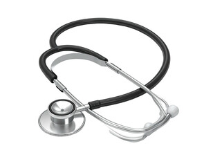 A medical instrument, black tubing and silver head, used for listening to body sounds