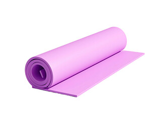 Rolled-up pink exercise mat, partially unrolled against a stark black background