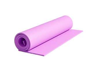 Rolled-up pink exercise mat, partially unrolled against a stark black background