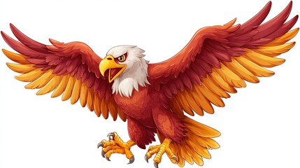 Fototapeta premium A stylized, cartoon eagle with vibrant orange and red plumage, white head, and sharp, yellow beak in flight