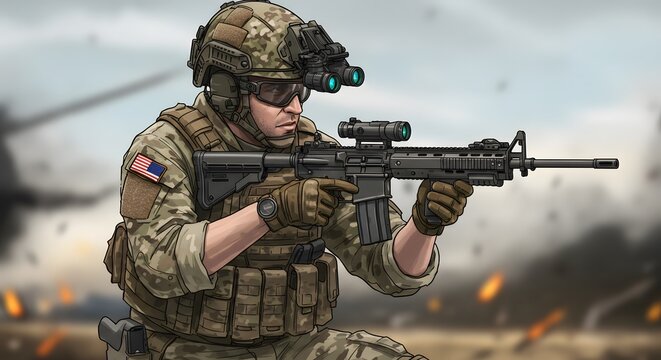 Soldier aiming rifle combat