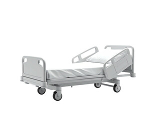 Angled view of a gray hospital bed, sheet, pillow, with wheels