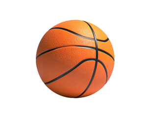 A detailed close-up of a textured, orange basketball against a stark black background