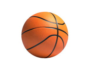 A detailed close-up of a textured, orange basketball against a stark black background