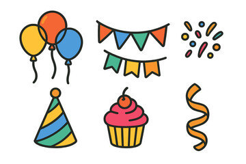 Colorful celebration party elements set with balloons, banners, hat, cupcake, and confetti
