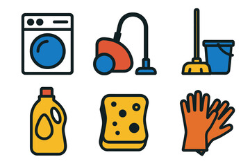 Cleaning supplies for home chores, including a washing machine, vacuum, mop, and gloves