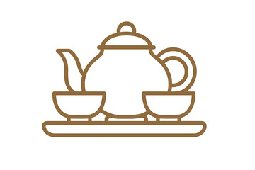 Traditional tea set with teapot and two cups on a serving tray for a warm drink