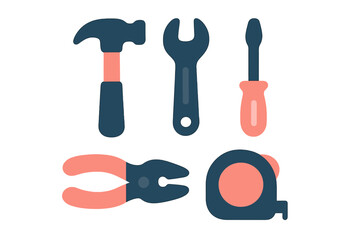 Collection of essential hand tools including hammer, wrench, screwdriver, pliers, and tape measure arranged clearly for home improvement projects