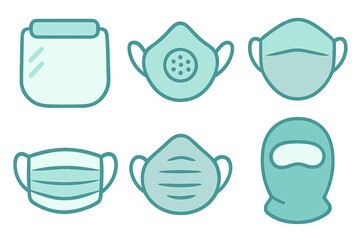 Variety of protective masks and face coverings on a neutral background demonstrating safety measures for health