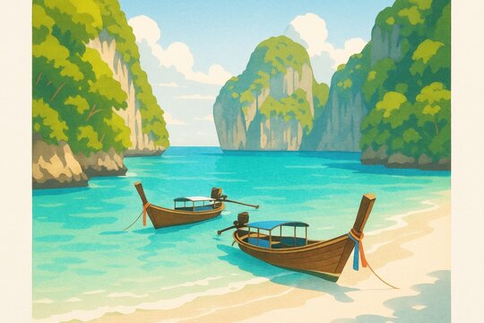 Wooden longtail boats floating on a tropical beach, painted style, with clear turquoise water, limestone cliffs, and blue sky background - Powered by Adobe