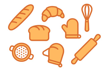 Baking tools and breads including baguette, croissant, and loaf in a simple design representing baking activities