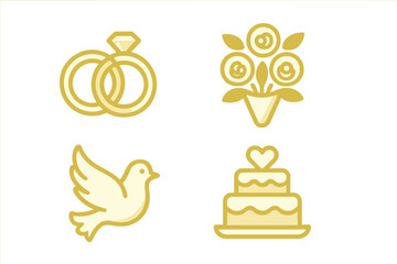 Wedding symbols featuring rings, flowers, a dove, and a cake in simple design