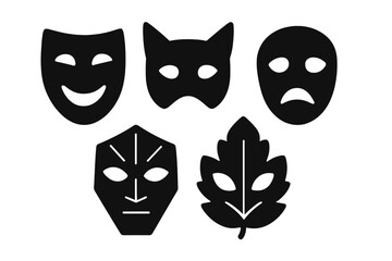 Collection of diverse theatrical and decorative masks representing various emotions and themes