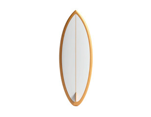 A pristine white surfboard with golden edges against a stark black background